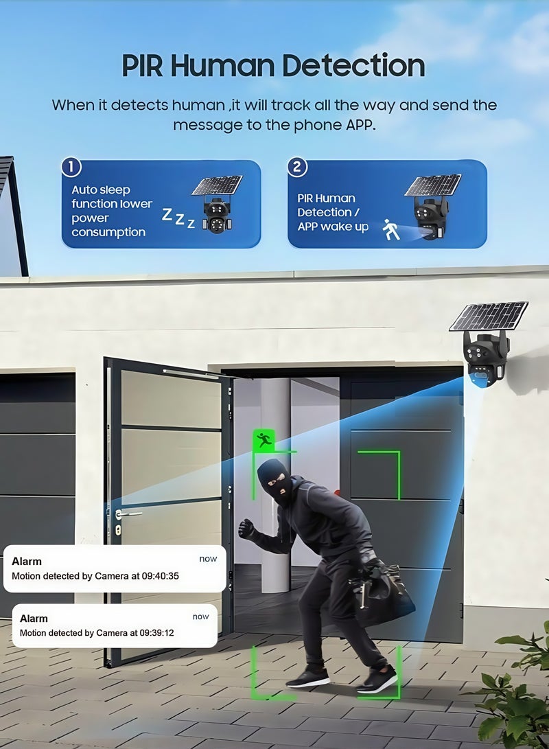 **كاميرا 4K 8MP تعمل بالطاقة الشمسية مع شريحة 4G، كاميرا PTZ خارجية مزدوجة العدسة، كاميرا IP مع لوحة شمسية، بطارية مدمجة، كاميرا أمنية مزودة بمستشعر PIR (مع بطاقة SD 128GB)، مع مصابيح حديقة مزدوجة** - Image 4